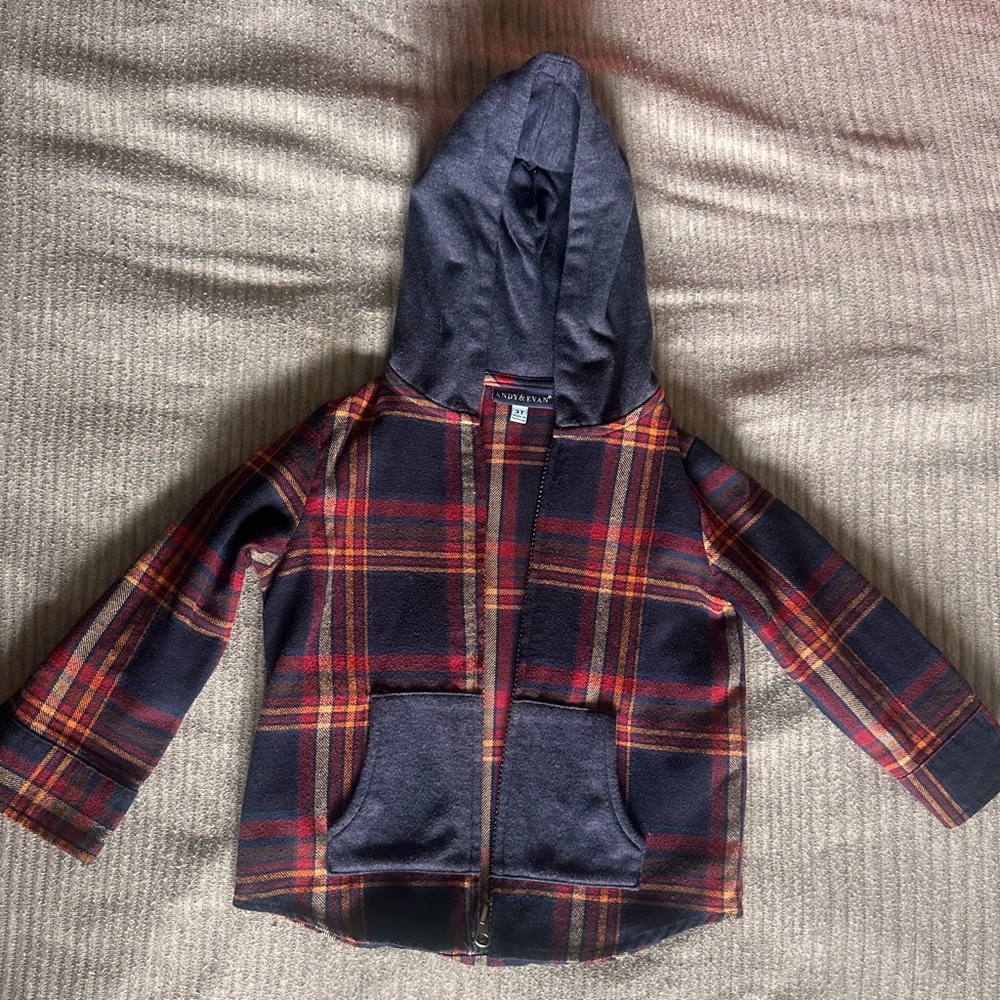 Andy & Evan Navy Plaid Hooded Jacket with Red and Gold Accents
